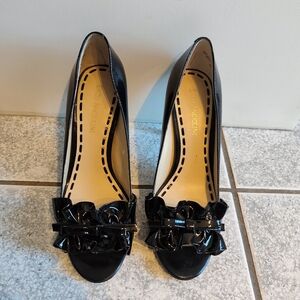 Enzo Angiolini Black Patent Peep Toe Pumps with Ruffle Bow